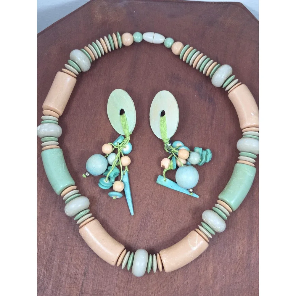 Artisan Boho Wood Bead Jewelry Set - Statement Necklace & Dangle Earrings